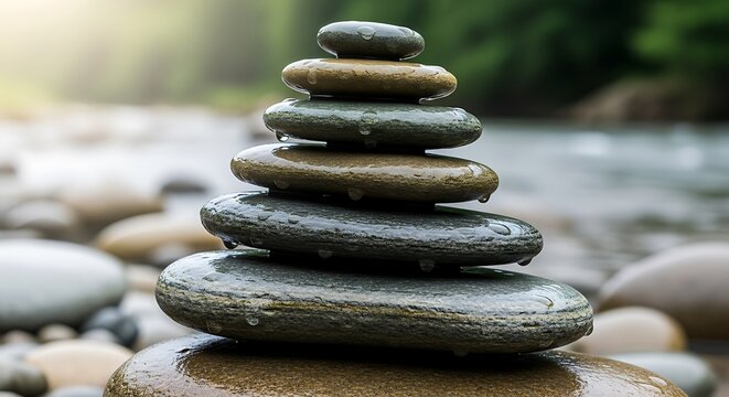 Tranquil zen stones stacked by calm stream, harmony and mindfulness - Powered by Adobe