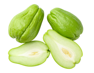 Fresh whole and sliced chayote vegetable bundle isolated on transparent background PNG