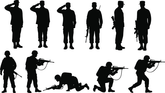 Soldier silhouettes saluting and aiming rifles in standing, kneeling and crawling combat poses, military personnel set for warfare training on white
