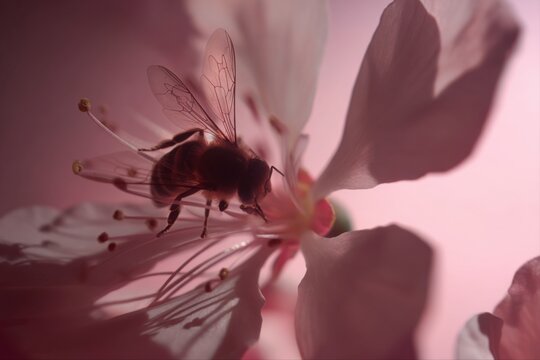 honeybee on delicate pink flower bloom - Powered by Adobe