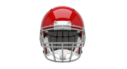 Red American football helmet with a grinning face mask Keywords: American football helmet