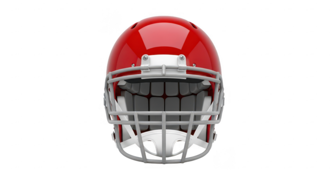 Red American football helmet with a grinning face mask Keywords: American football helmet