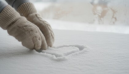 Heart Shape Drawn in Fresh Snow with Cozy Winter Mittens

