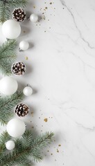 Minimalistic Christmas Frame with Pinecones and White Ornaments
