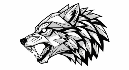 Geometric wolf head illustration with sharp angles and intense expression.