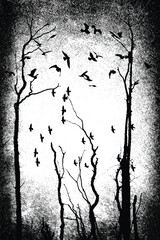 Silhouette of bare trees with flying birds. Gothic style black and white illustration