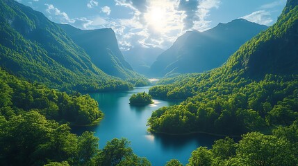 Scenic landscape with lake and mountains