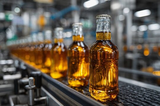 Bottles of amber liquid move along the production line in a modern beverage factory in the afternoon light