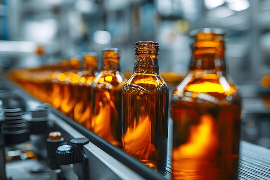 Bottles of amber liquid moving along a conveyor belt in a busy manufacturing plant in the early afternoon