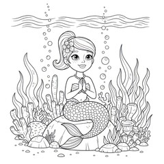 Charming cartoon mermaid sitting amongst underwater plants and bubbles