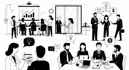 Business professionals collaborating and brainstorming ideas in a modern office setting.