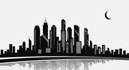 Fototapeta premium City skyline silhouette at dusk with moon and reflection on water surface.