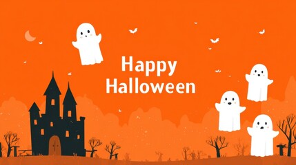 Halloween themed scene with ghosts and spooky castle silhouette on orange sky.