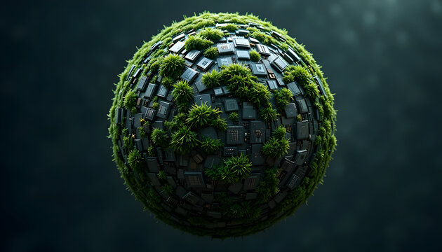 Sustainable technology concept featuring Earth globe covered in microchips and thriving green moss for eco friendly innovation and future tech solutions