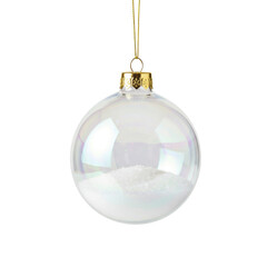 A perfectly spherical, iridescent Christmas ornament with a golden cap and loop, containing transparent snow, against a transparent background, showcasing elegance and festive serenity
