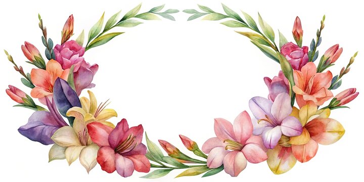 Watercolor floral wreath with colorful flowers and green leaves for frame.