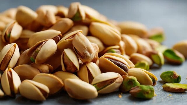 Close-up of shelled and unshelled pistachio nuts on stone surface