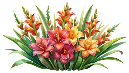 Vibrant watercolor tropical floral bouquet illustration with lush green leaves