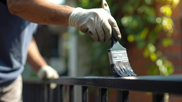 Close-up of a person wearing gloves painting a metal fence with a paintbrush