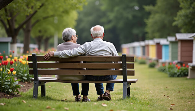 Elderly Couple Sitting on Bench in Flower Garden Enjoying Togetherness
 - Powered by Adobe
