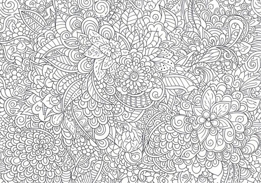 Intricate floral pattern black and white coloring page