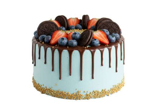Perfectly round celebration cake with pale blue buttercream, dark chocolate ganache, red strawberries, blueberries, chocolate cookies, golden sprinkles, on white board, transparent studio background,