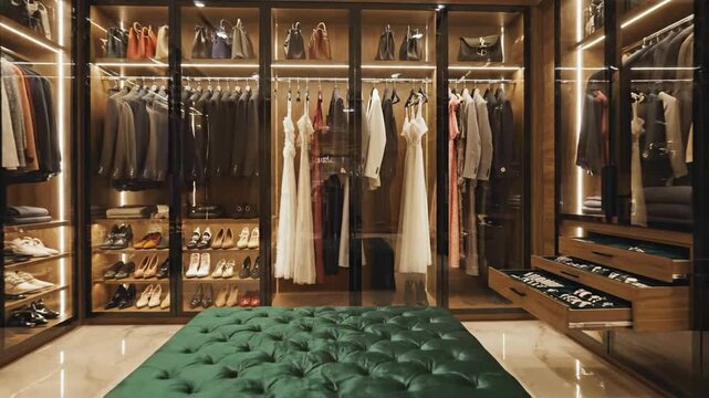 Showcasing Spacious and Organized Walk-In Closet Design - Luxury Interior, Clothes and Shoes