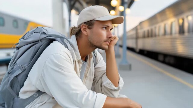 Young caucasian male waiting at train station with backpack under warm lights