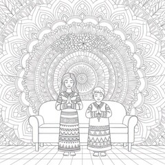 People praying with a mandala background coloring page
