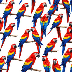 Seamless pattern of red, blue, and yellow parrots on branches