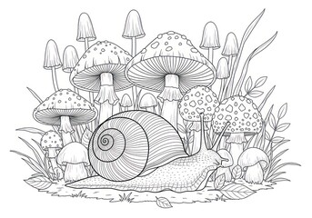 Snail among mushrooms in detailed black and white illustration