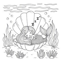 Sleeping mermaid inside a seashell coloring page illustration