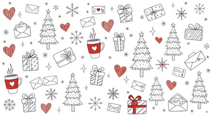 Christmas seamless pattern with gift, tree, heart, snowflake, mug, letter