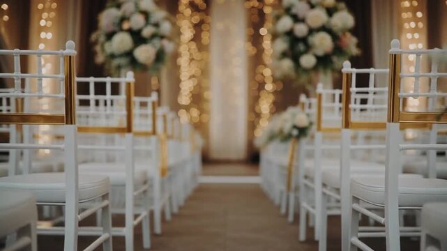 A cinematic glidecam shot moving between symmetrical rows of white wedding chairs with gold accents, surrounded by floral arrangements. Soft bokeh, warm tones, and a premium high-end wedding atmospher