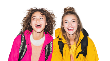 Two girls holding backpacks and laughing together background isolated on a Transparent background, PNG file.