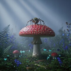 Spider perched atop mushroom in dreamy forest setting