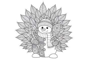 Snowman illustration with festive decoration and leafy background