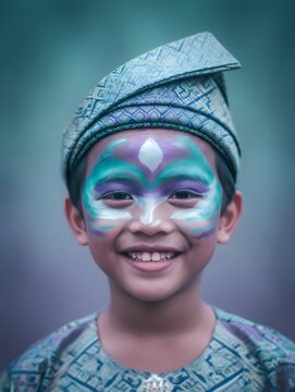 Boy wearing face paint and tanjak smiling