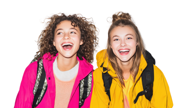 Two girls holding backpacks and laughing together background isolated on a Transparent background, PNG file.