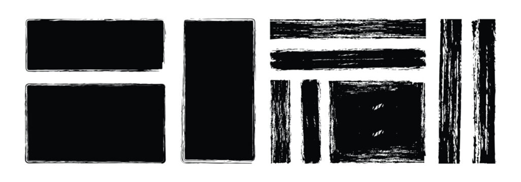 Straight line vector brush strokes. rectangular grunge template backgrounds. Rough grunge linocut stamp thick paint line textures. Grungy border lines. Black square shapes