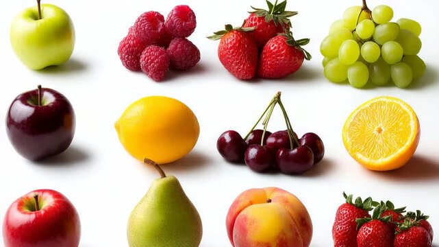 Colorful assortment of fresh fruits on white background