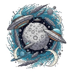 Uf os flying around moon with meteorites and rings illustration