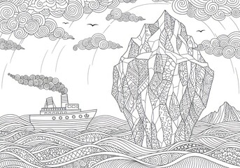 Steamboat sailing past iceberg against cloudy sky illustration