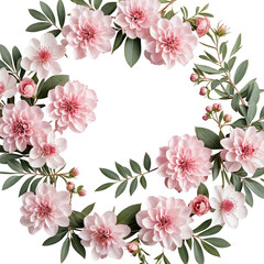 Pink blooms wreath. Green foliage. Floral frame. Delicate design. Isolated