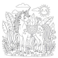 Unicorn illustration surrounded by foliage and sunshine