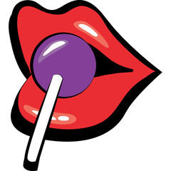 Sensual Red Lips Biting a Purple Lollipop with a White Stick on a Transparent Background