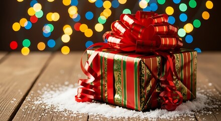 Festive christmas gift box with red ribbon on wooden table with bokeh lights background
