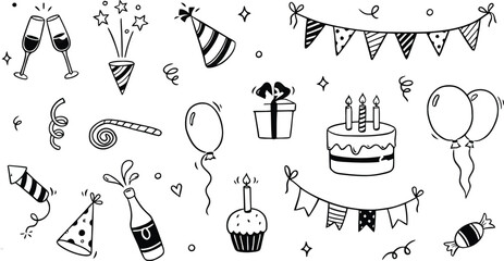 Birthday doodle icon element. Hand drawn sketch doodle birthday cake, balloon, event decoration element. Party, carnival celebration concept background. Vector illustration