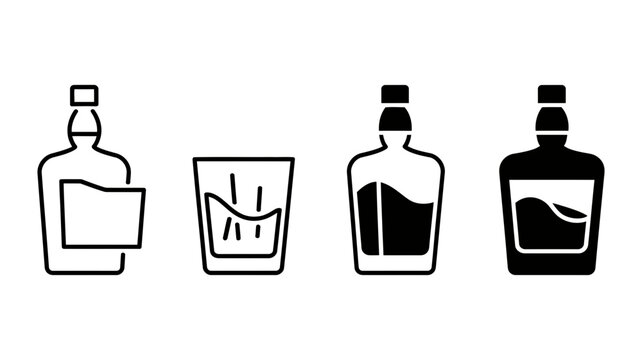 Whiskey bottle and glass icon set collection of alcohol drink symbols vector illustration of liquor bottle and glass