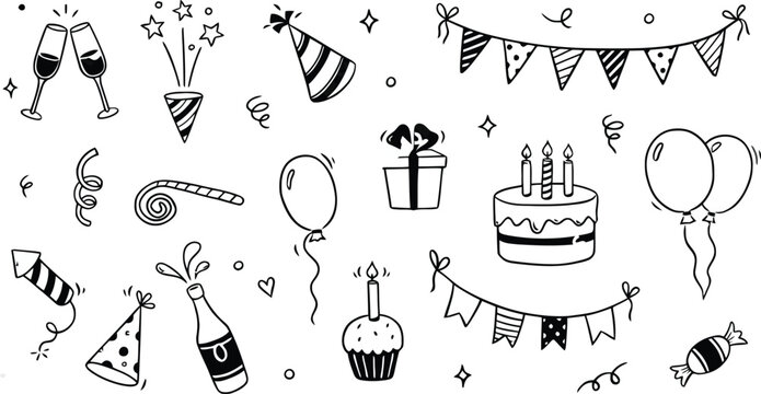 Birthday doodle icon element. Hand drawn sketch doodle birthday cake, balloon, event decoration element. Party, carnival celebration concept background. Vector illustration